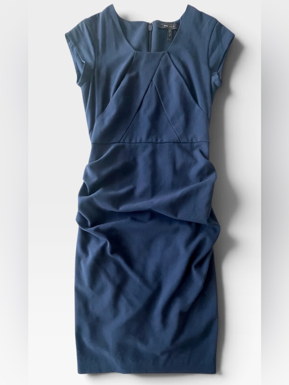 BCBGMaxAzria Navy Draped Sheath Midi Dress